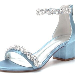 ✨ Women’s Light Blue Satin Rhinestone Block Heel Sandals | Ankle Strap | New in
